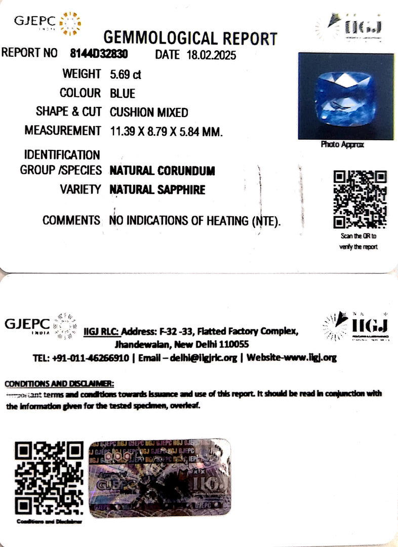 5.69/CT Natural Blue Sapphire With Govt Lab Certificate