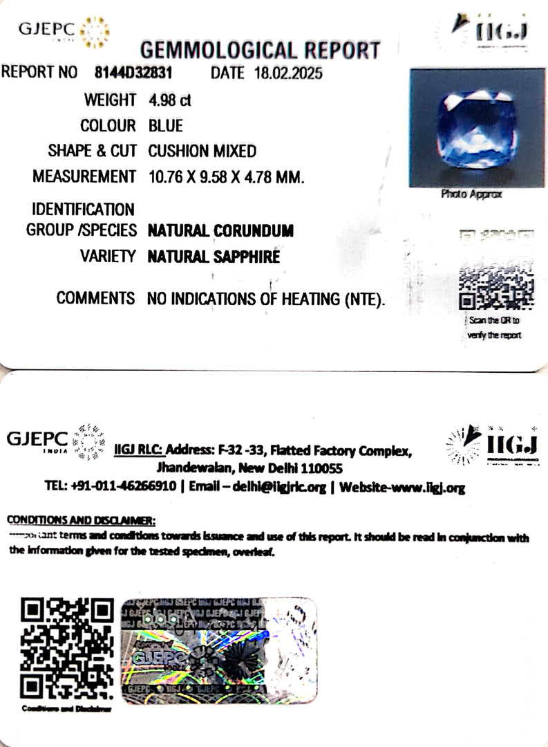 4.98/CT Natural Blue Sapphire With Govt Lab Certificate