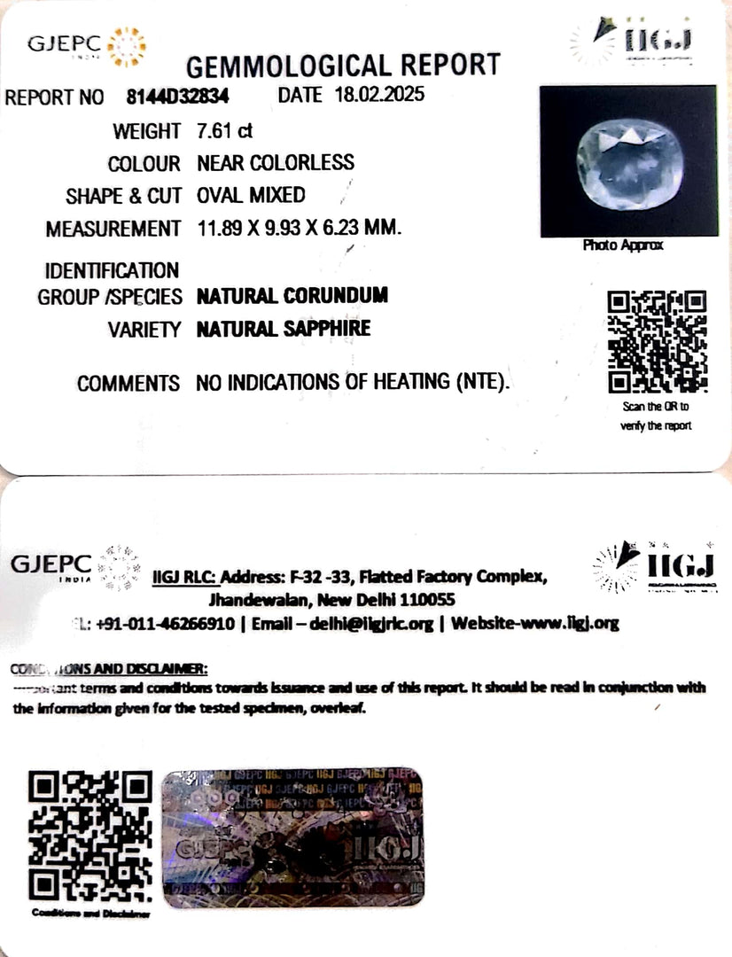 7.61/CT Natural White Sapphire with Govt Lab Certificate