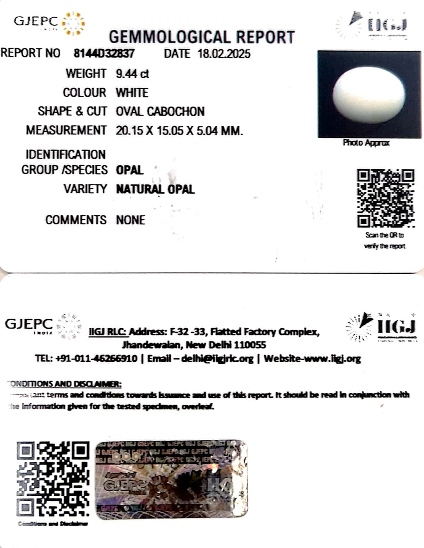 9.44/CT Natural Opal with Govt. Lab Certificate