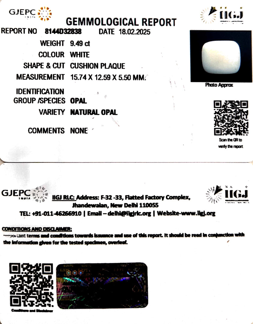9.49/CT Natural Opal with Govt. Lab Certificate
