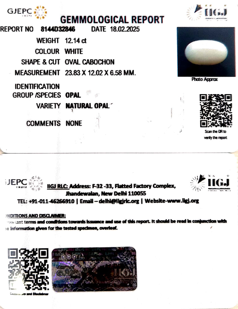 12.14/CT Natural Opal with Govt. Lab Certificate