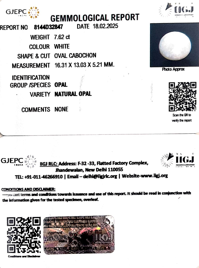 7.62/CT Natural Opal with Govt. Lab Certificate