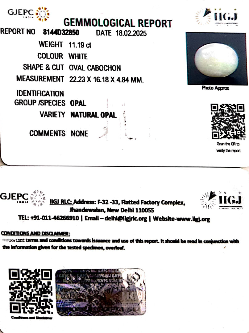 11.19/CT Natural Opal with Govt. Lab Certificate