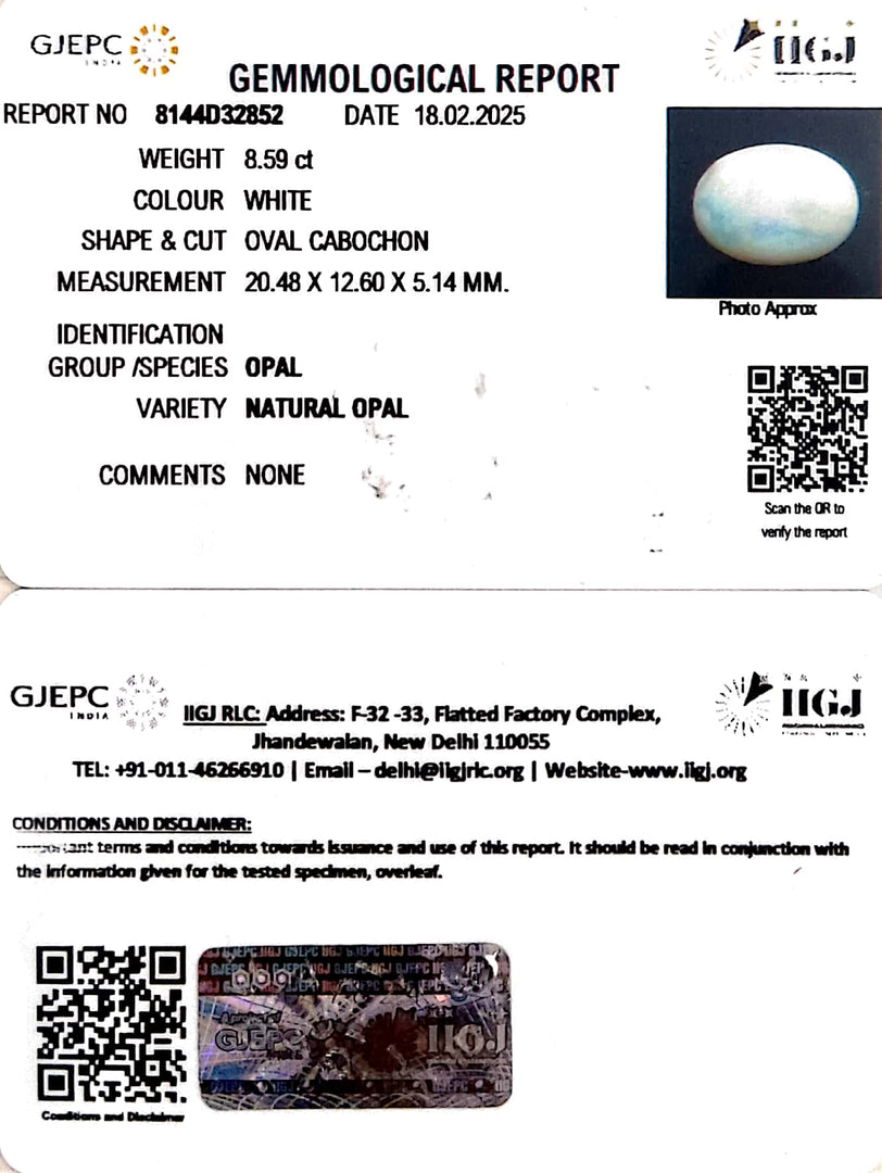 8.59/CT Natural Opal with Govt. Lab Certificate