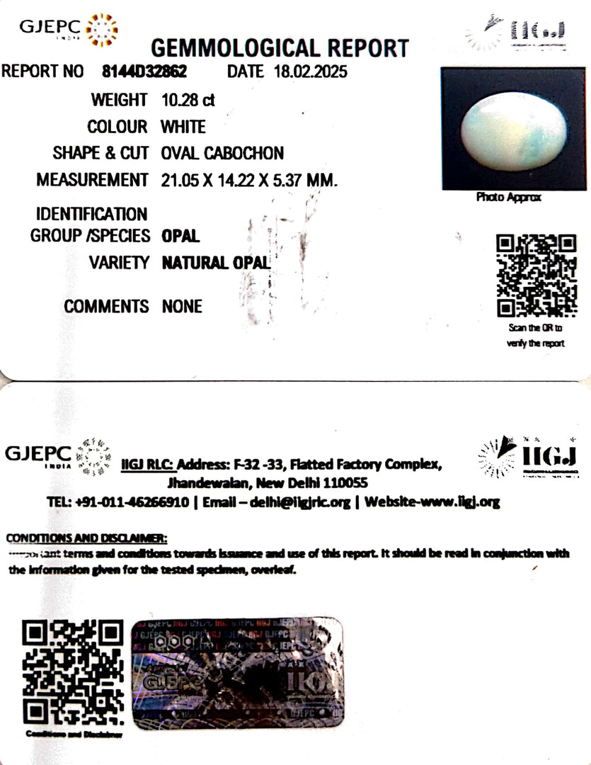 10.28/CT Natural Opal with Govt. Lab Certificate