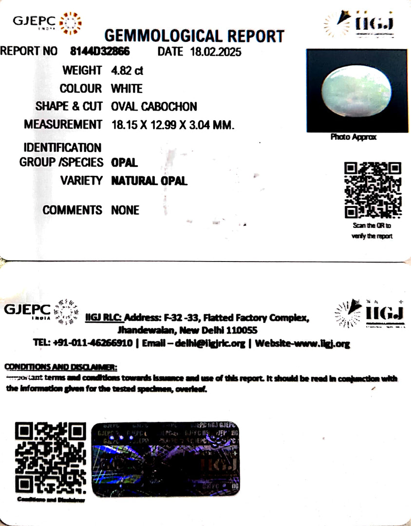 4.82/CT Natural Opal with Govt. Lab Certificate