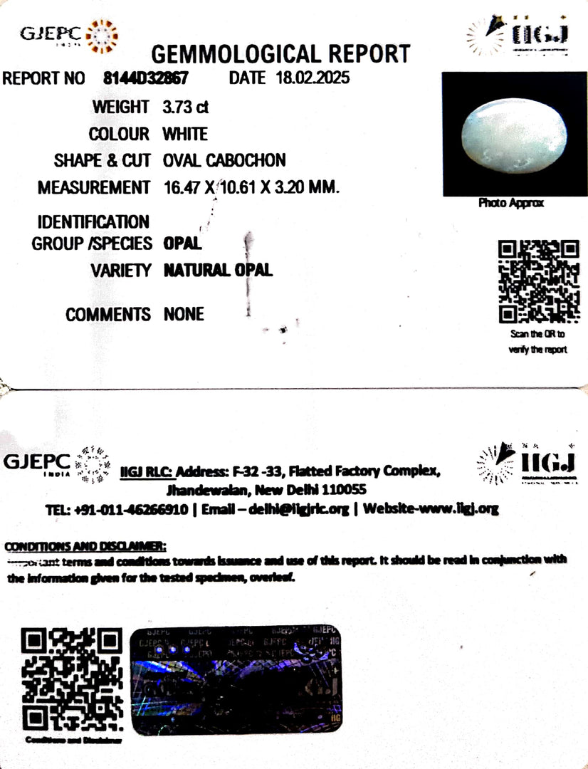3.73/CT Natural Opal with Govt. Lab Certificate