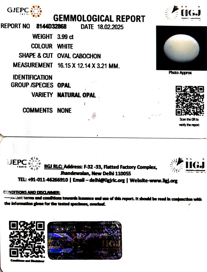 3.99/CT Natural Opal with Govt. Lab Certificate