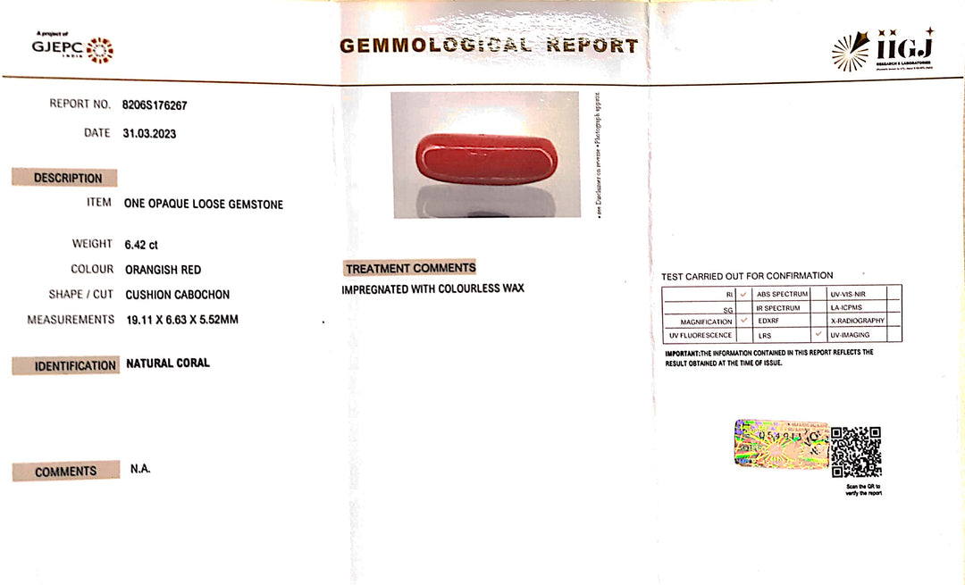 6.42/CT Natural Red Coral With Govt. Lab Certificate