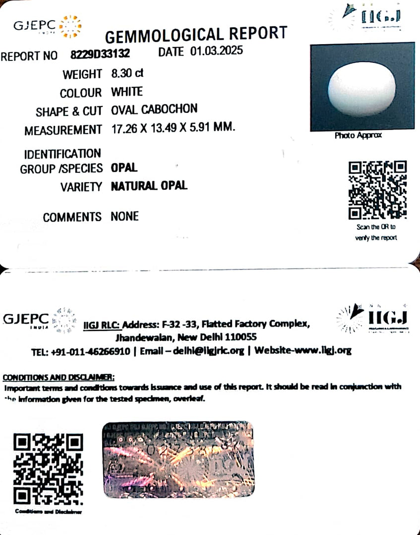 8.30/CT Natural Opal with Govt. Lab Certificate