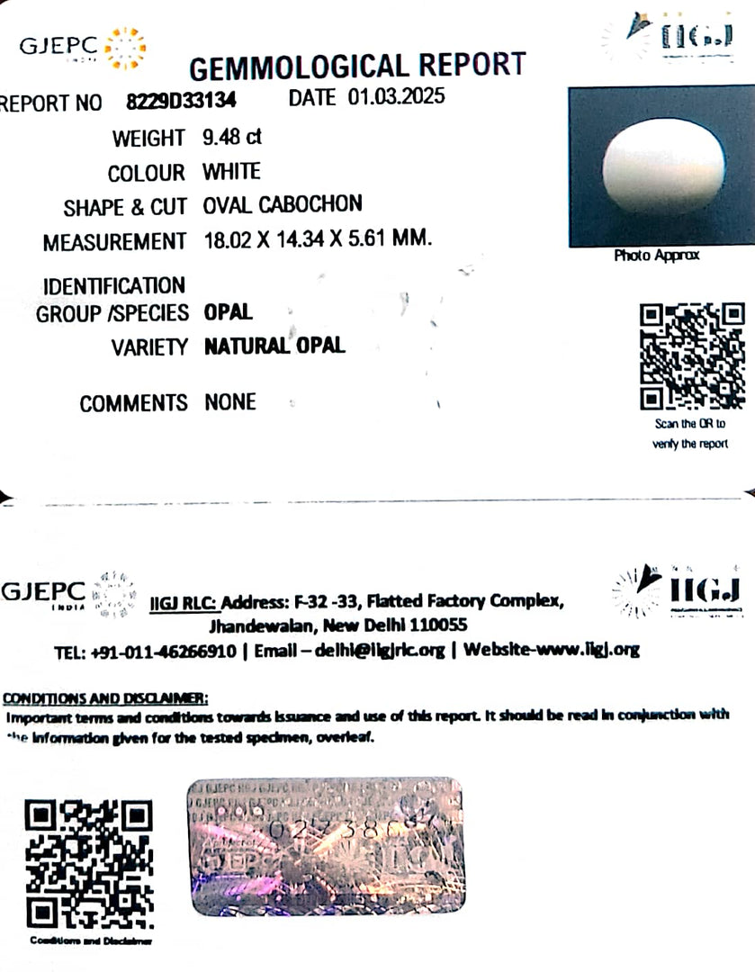 9.48/CT Natural Opal with Govt. Lab Certificate