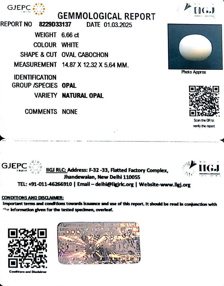 6.66/CT Natural Opal with Govt. Lab Certificate