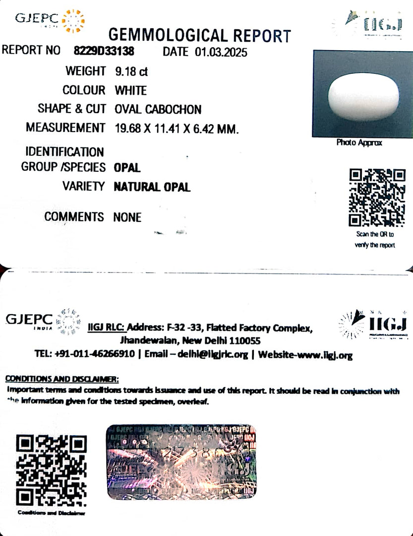 9.18/CT Natural Opal with Govt. Lab Certificate
