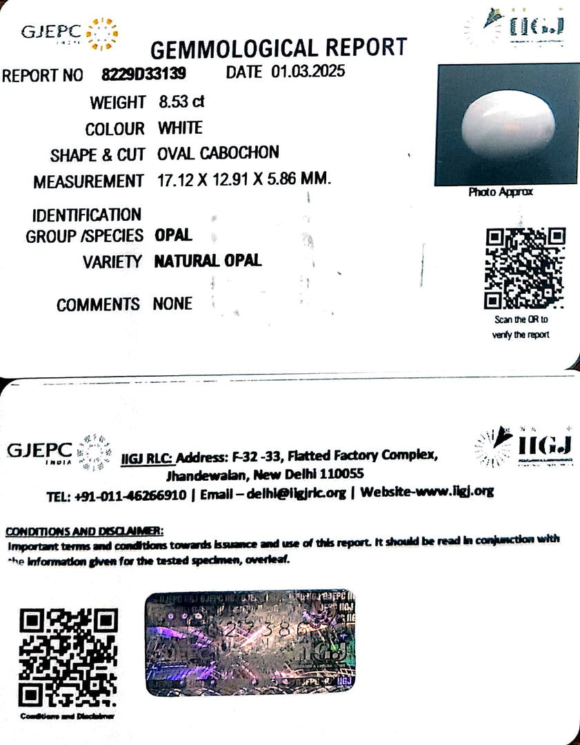 8.53/CT Natural Opal with Govt. Lab Certificate