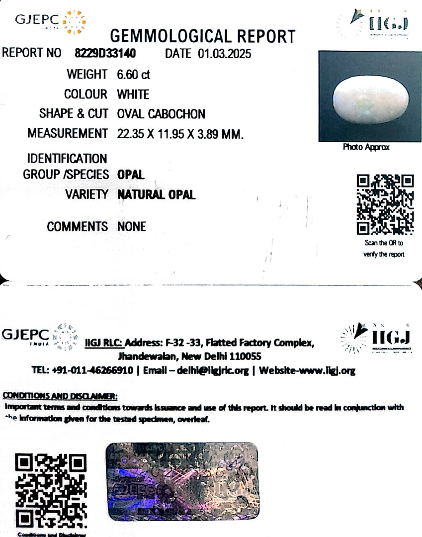 6.60/CT Natural Opal with Govt. Lab Certificate