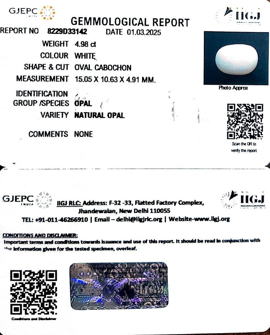 4.98/CT Natural Opal with Govt. Lab Certificate