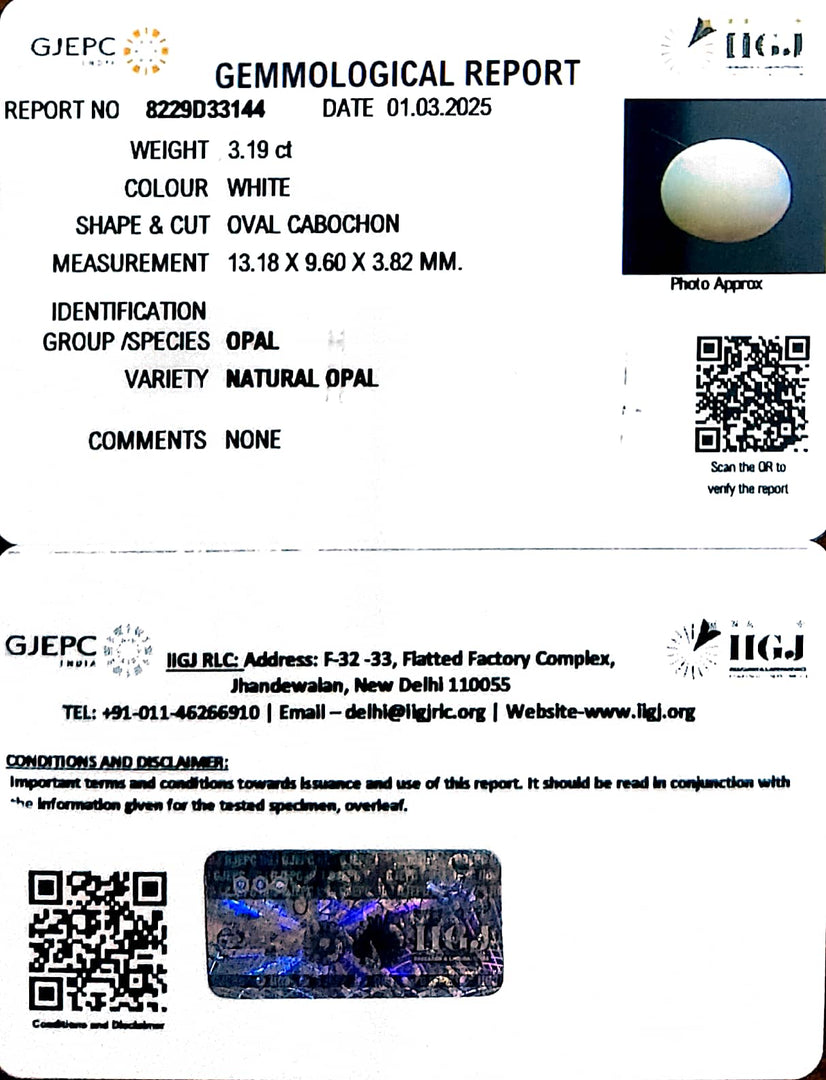 3.19/CT Natural Opal with Govt. Lab Certificate