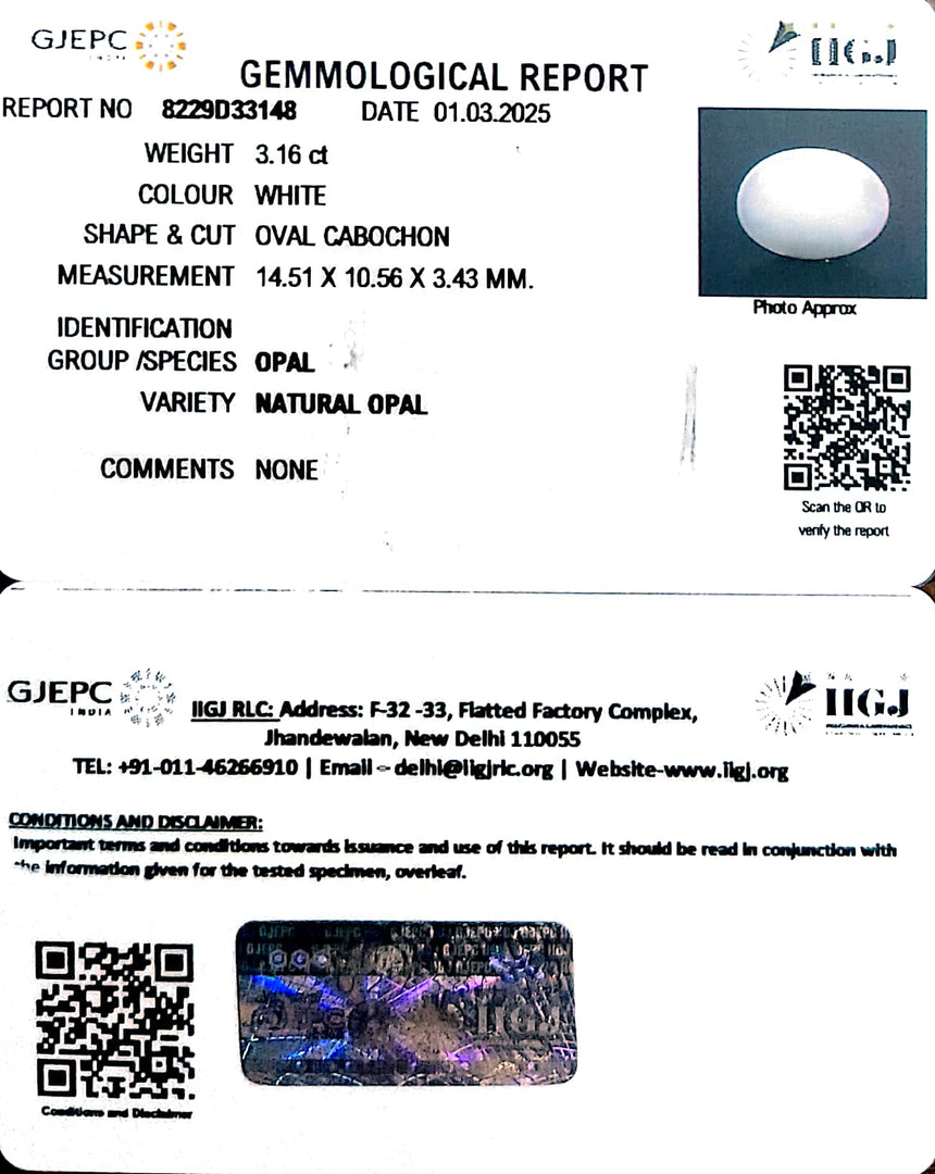 3.16/CT Natural Opal with Govt. Lab Certificate