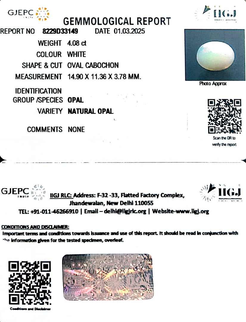 4.08/CT Natural Opal with Govt. Lab Certificate