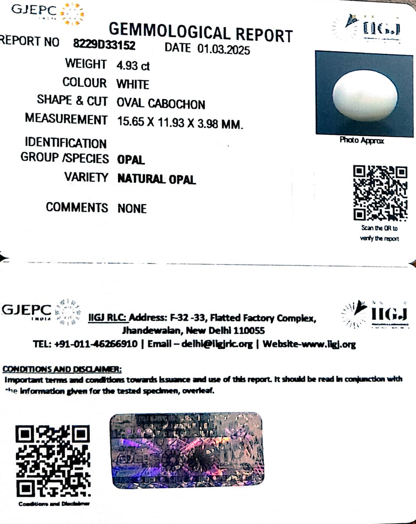 4.93/CT Natural Opal with Govt. Lab Certificate