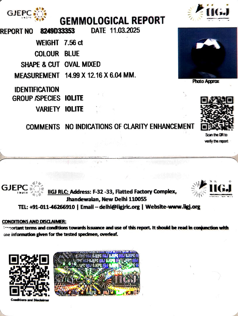 7.56/CT Natural Iolite With Govt. Lab Certificate
