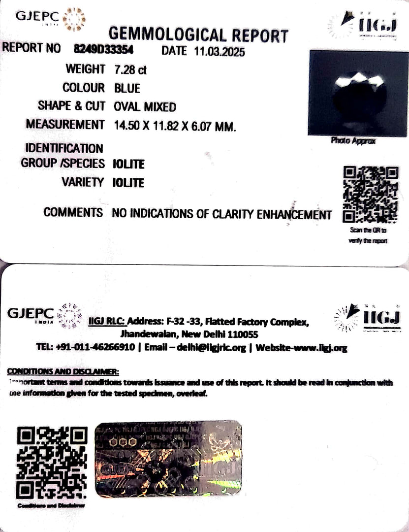 7.28/CT Natural Iolite With Govt. Lab Certificate