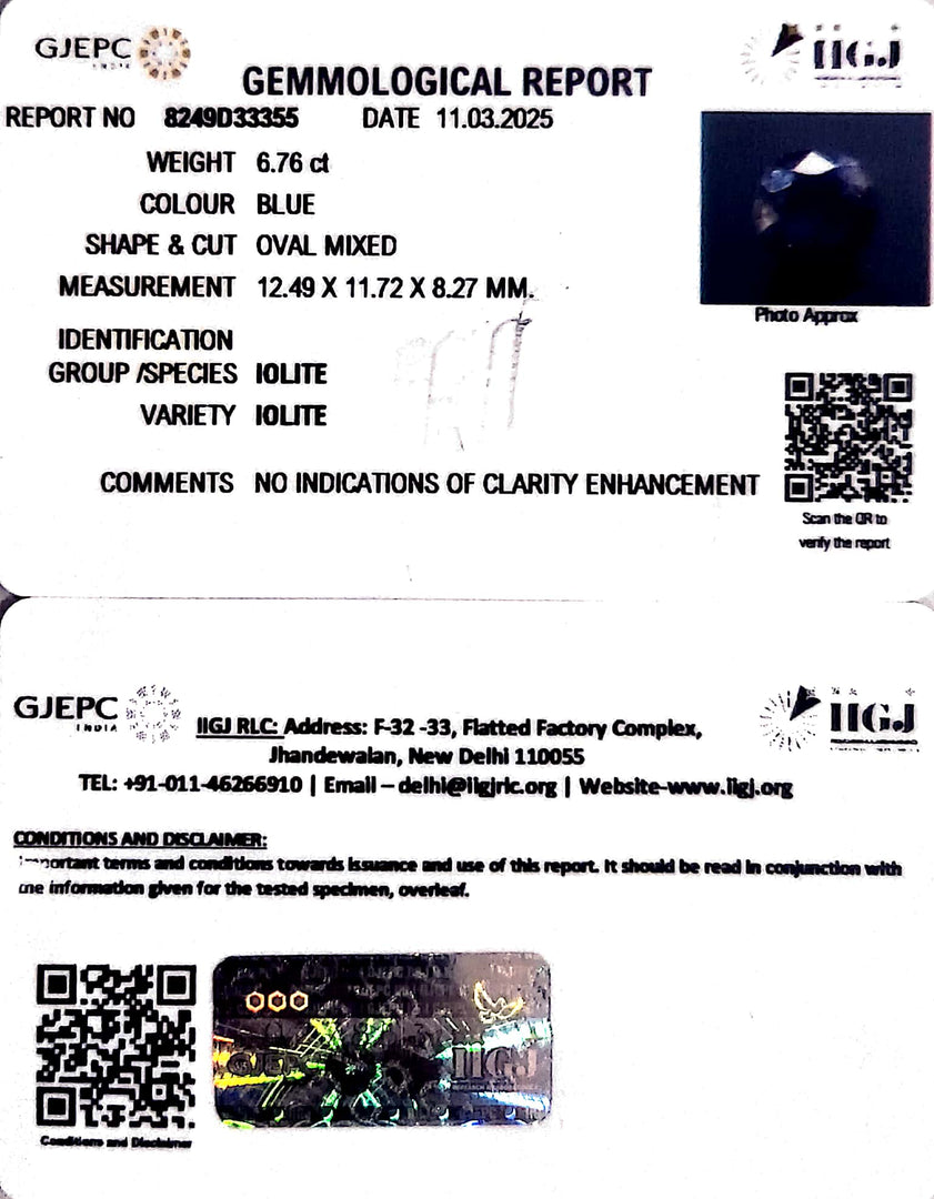 6.76/CT Natural Iolite With Govt. Lab Certificate
