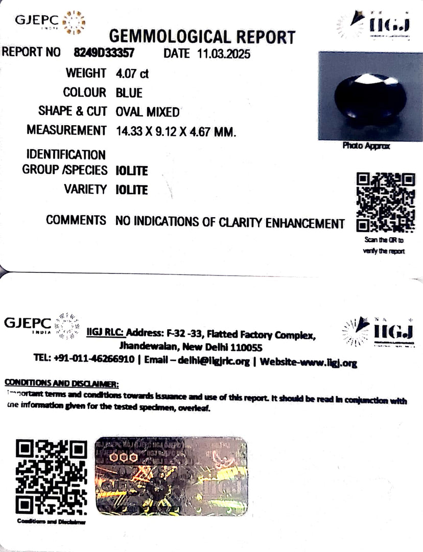 4.07/CT Natural Iolite With Govt. Lab Certificate