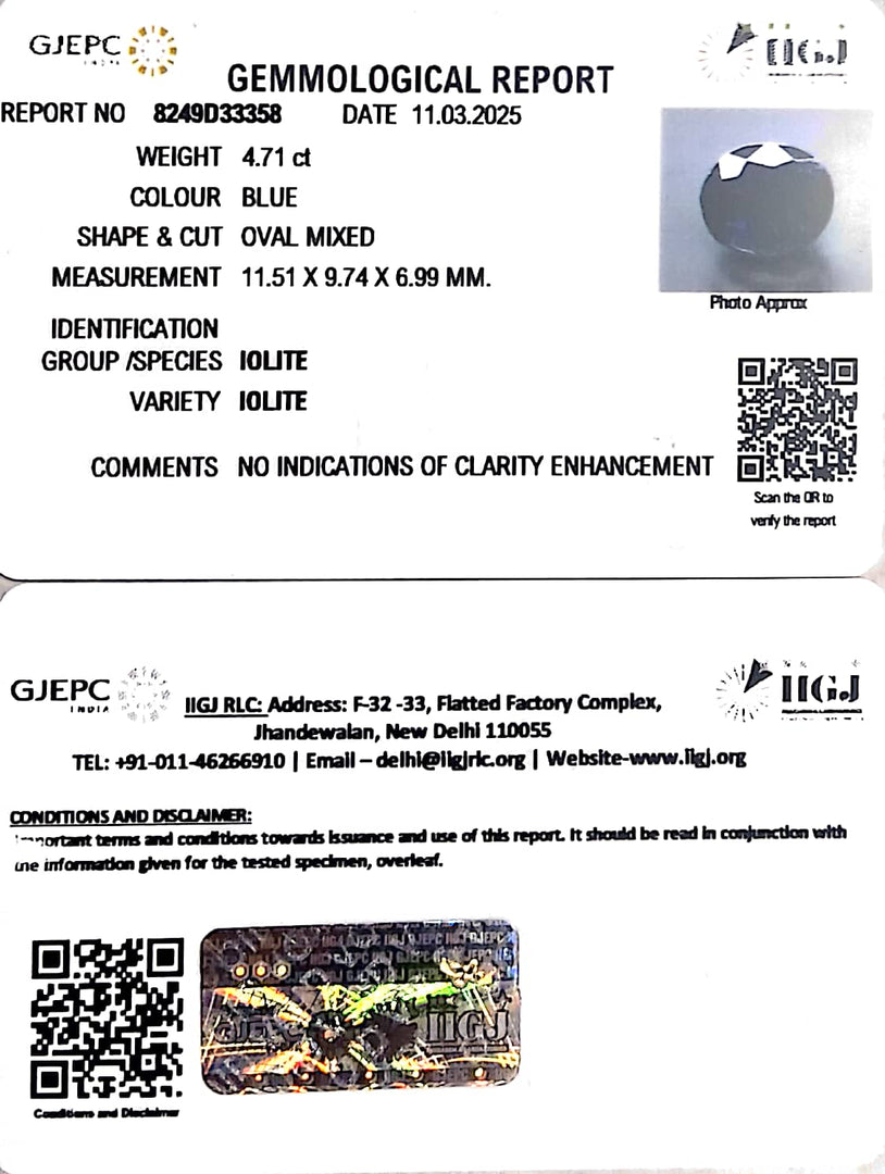 4.71/CT Natural Iolite With Govt. Lab Certificate