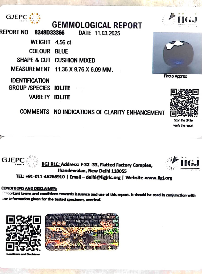 4.56/CT Natural Iolite With Govt. Lab Certificate