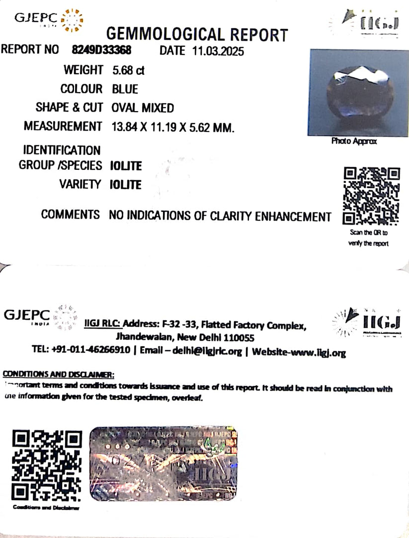 5.68/CT Natural Iolite With Govt. Lab Certificate