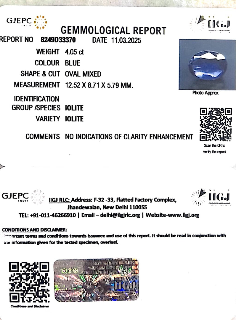 4.05/CT Natural Iolite With Govt. Lab Certificate