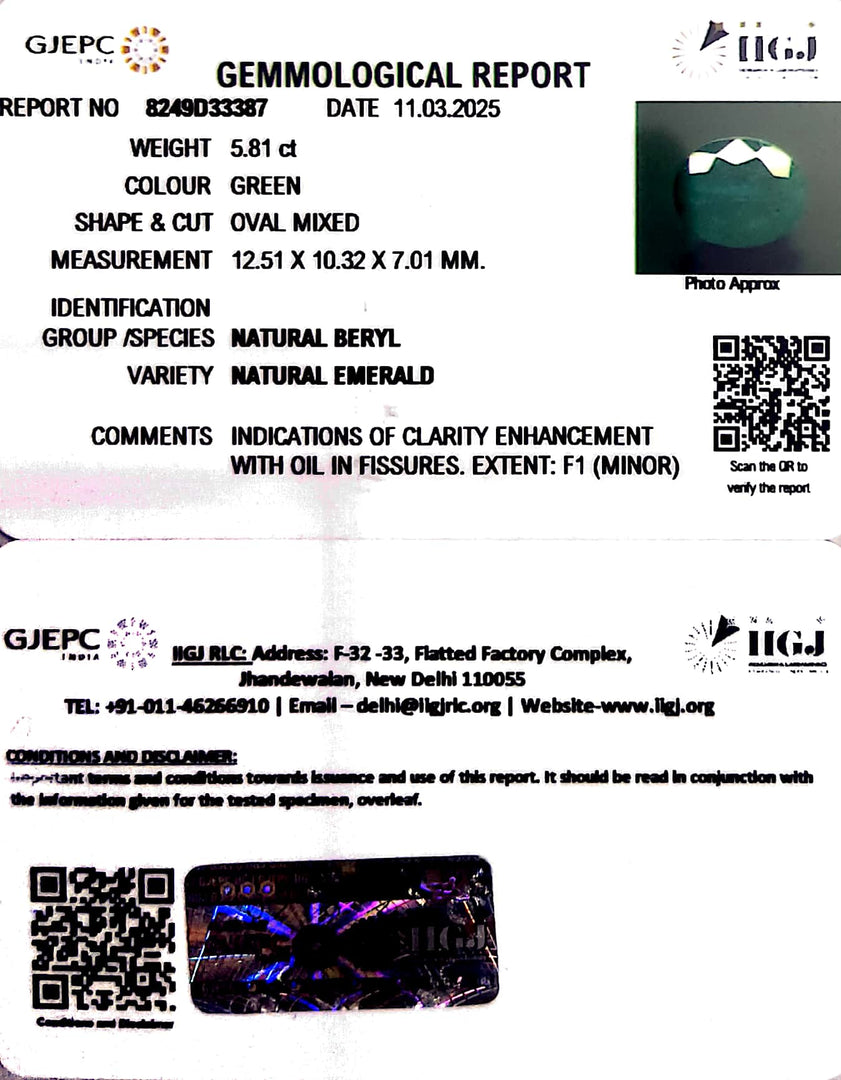 5.81/CT Natural Panna Stone with Govt. Lab Certificate
