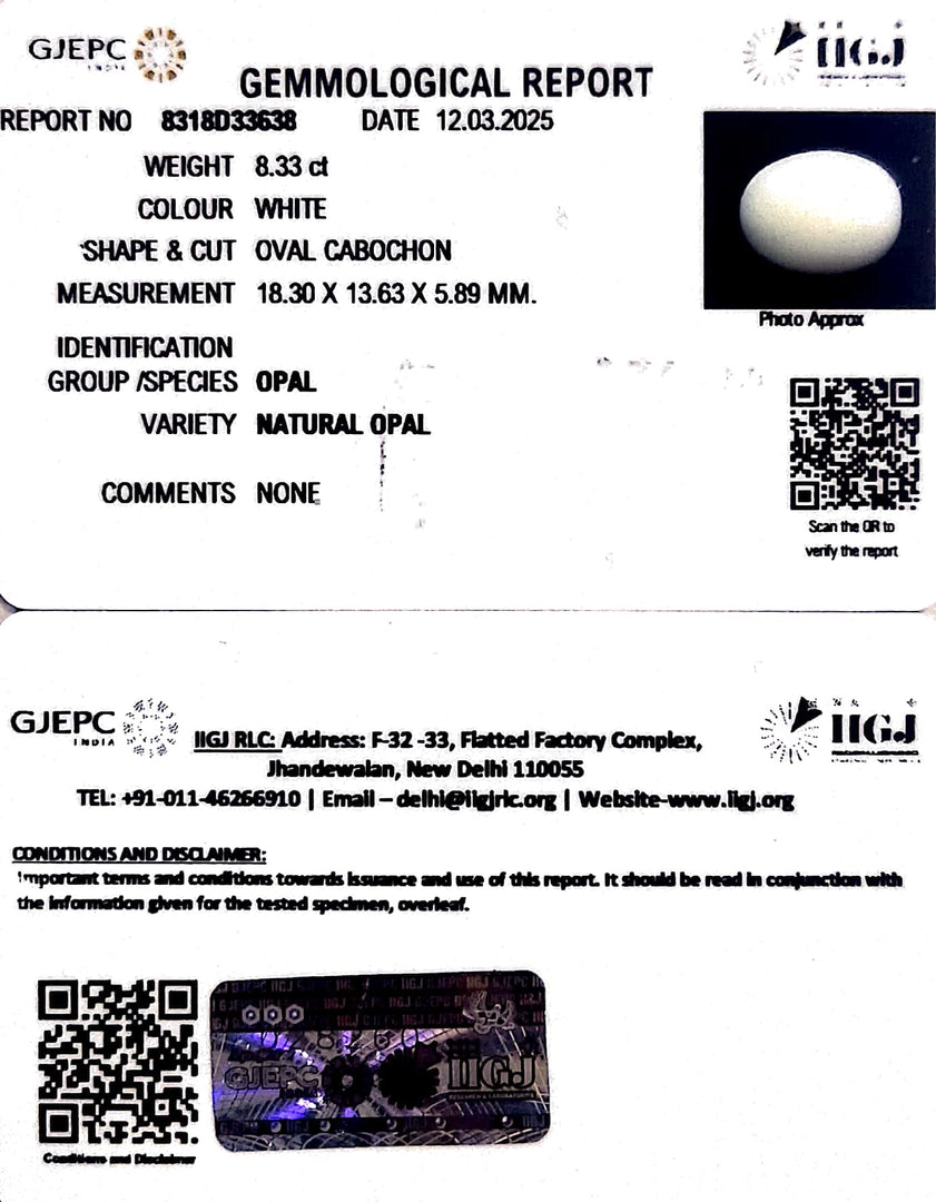 8.33/CT Natural Opal with Govt. Lab Certificate