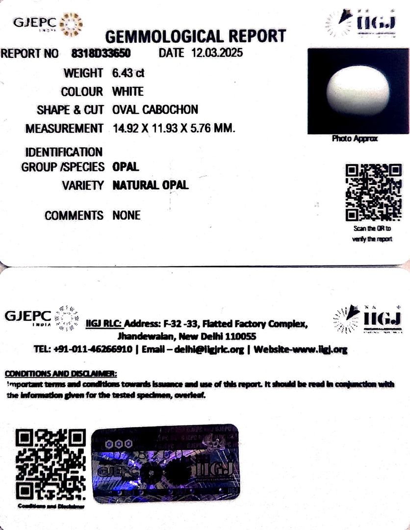 6.43/CT Natural Opal with Govt. Lab Certificate
