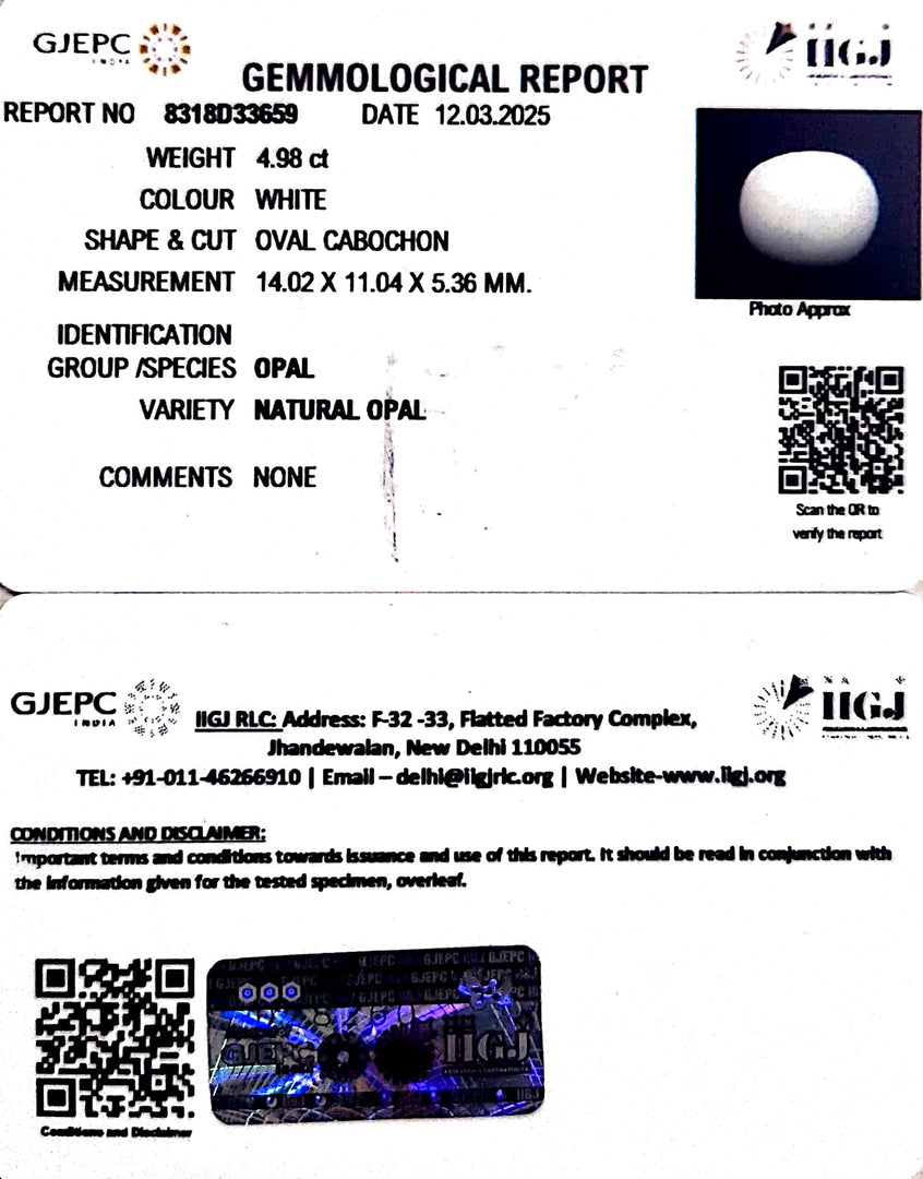4.98/CT Natural Opal with Govt. Lab Certificate