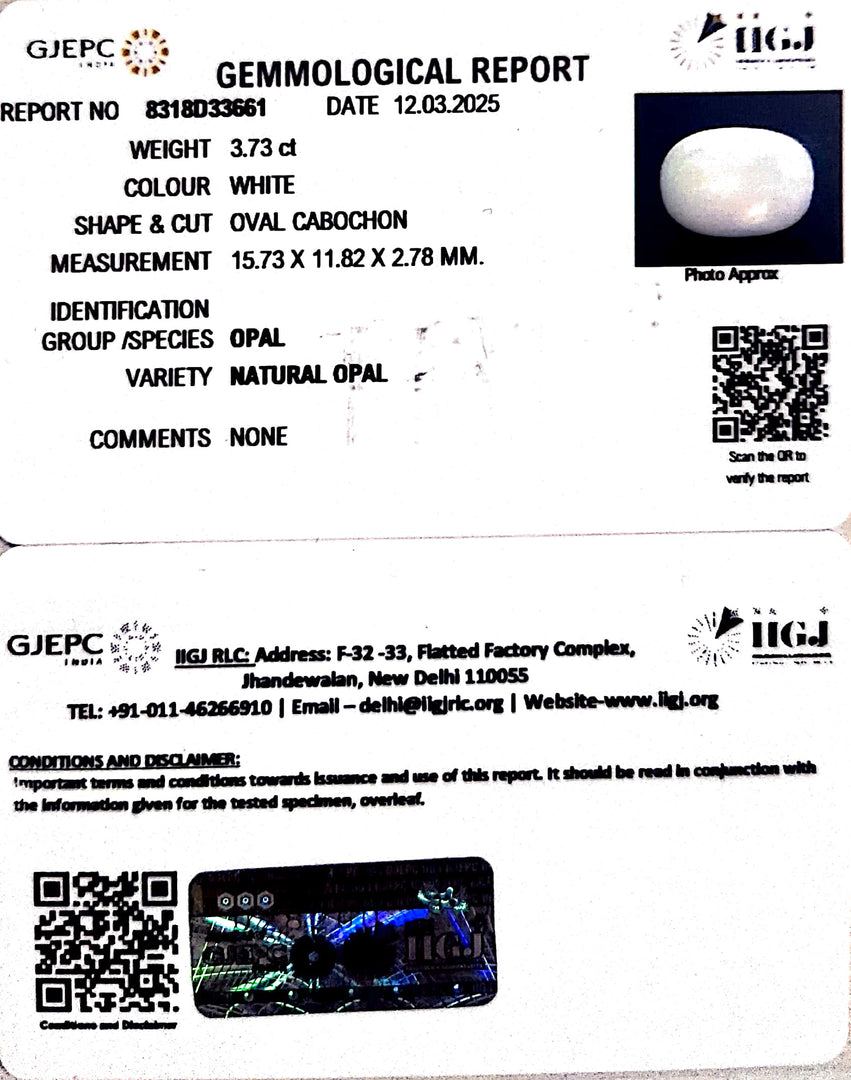 3.73/CT Natural Opal with Govt. Lab Certificate