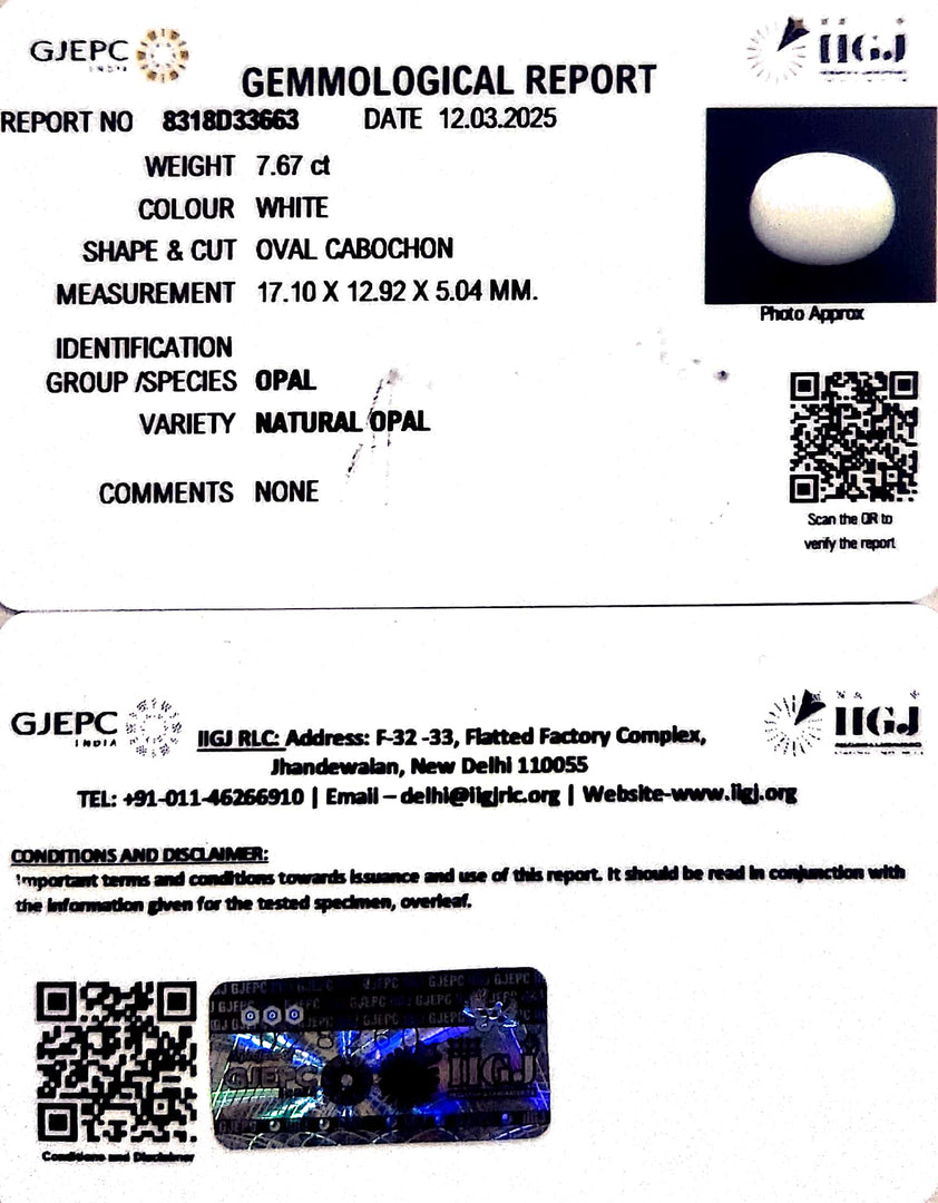 7.67/CT Natural Opal with Govt. Lab Certificate