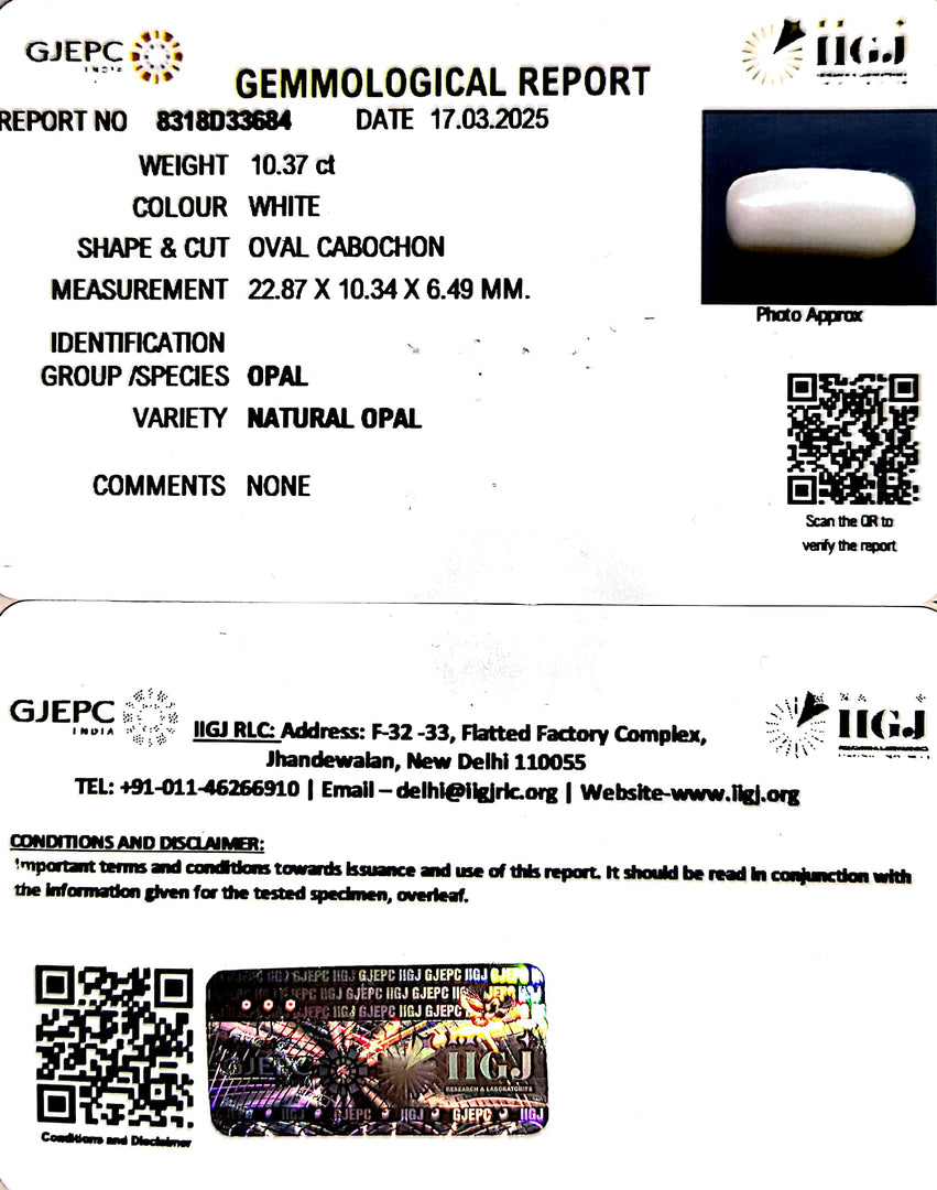 10.37/CT Natural Opal with Govt. Lab Certificate