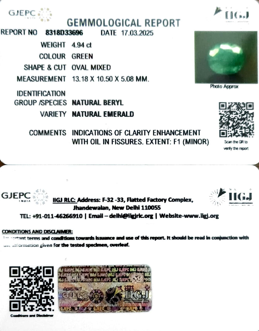 4.94/CT Natural Panna Stone with Govt. Lab Certificate