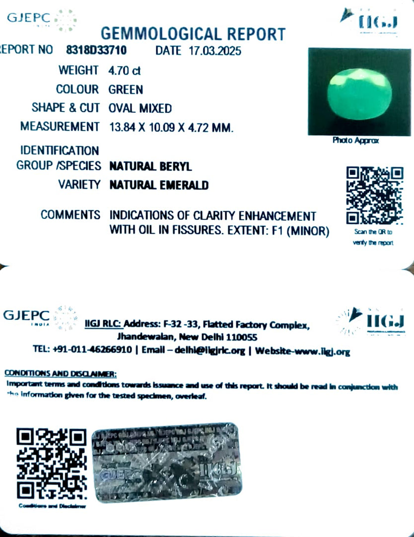 4.70/CT Natural Panna Stone with Govt. Lab Certificate