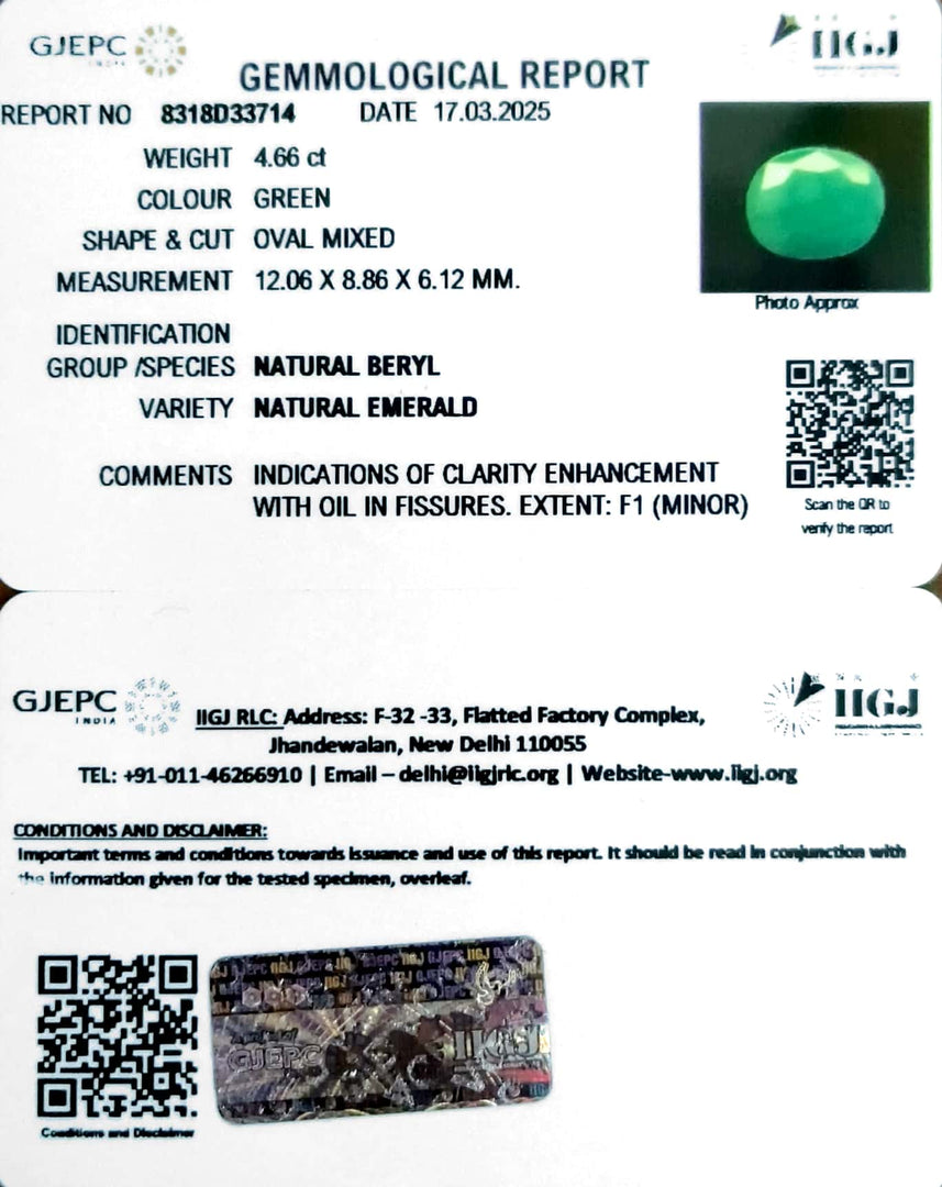 4.66/CT Natural Panna Stone with Govt. Lab Certificate