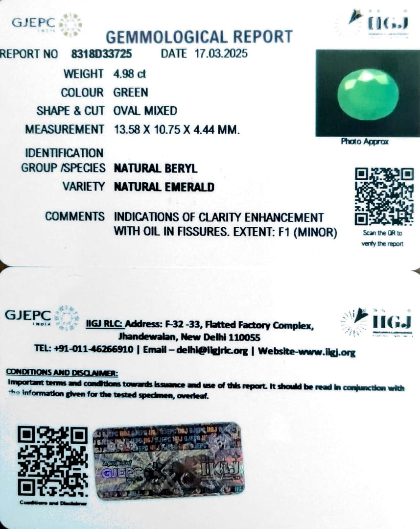 4.98/CT Natural Panna Stone with Govt. Lab Certificate