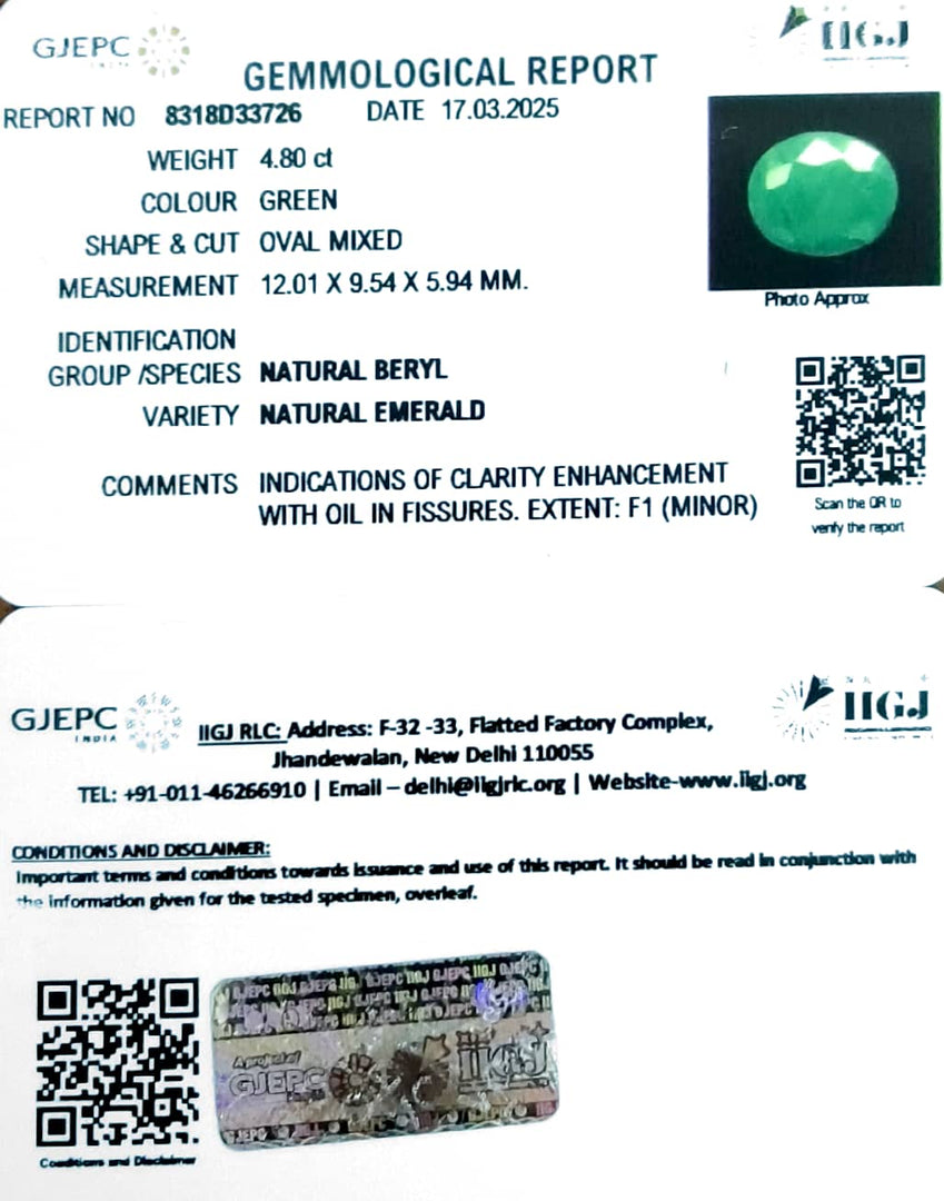 4.80/CT Natural Panna Stone with Govt. Lab Certificate