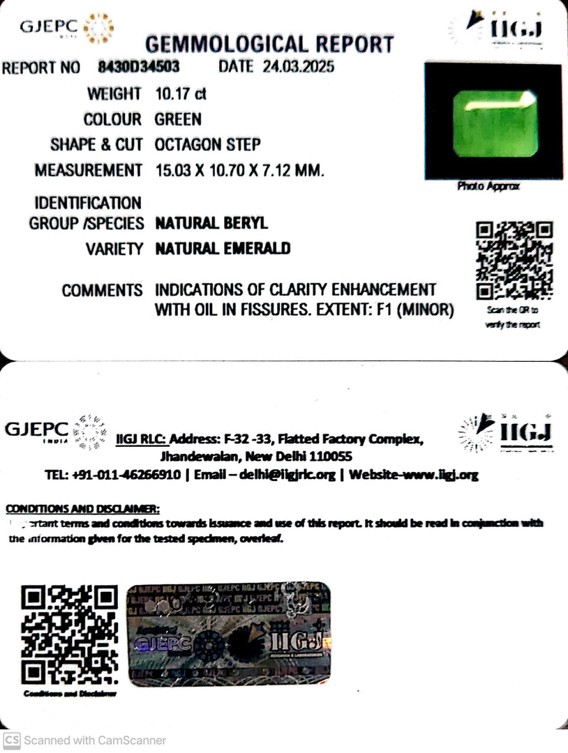 10.17/CT Natural Panna Stone with Govt. Lab Certificate