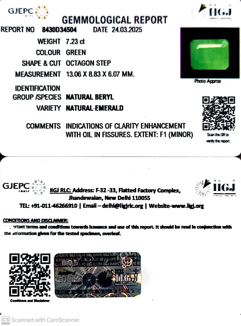 7.23/CT Natural Panna Stone with Govt. Lab Certificate