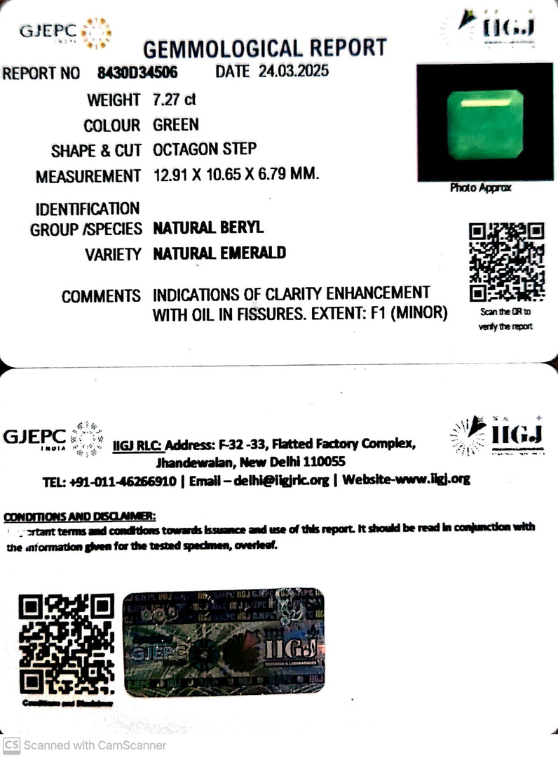 7.27/CT Natural Panna Stone with Govt. Lab Certificate