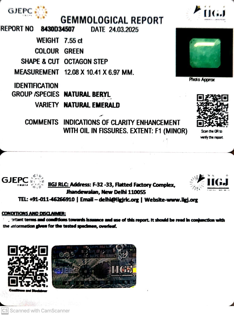 7.55/CT Natural Panna Stone with Govt. Lab Certificate