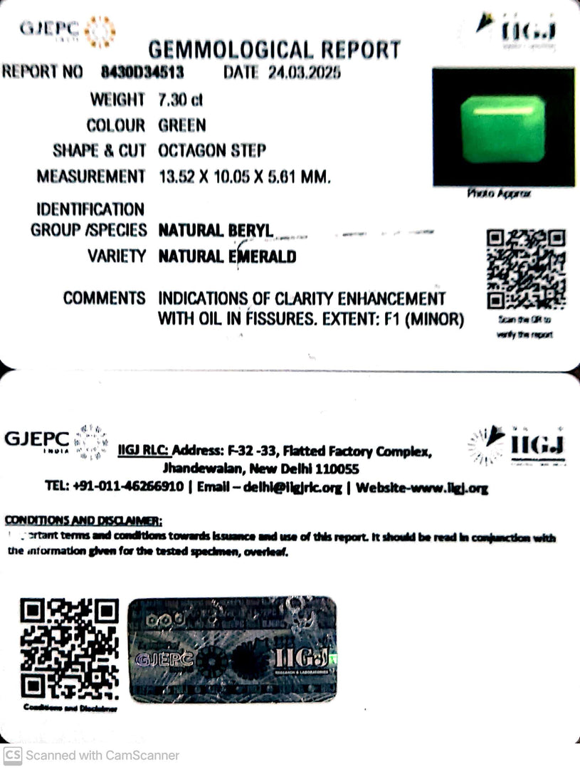 7.30/CT Natural Panna Stone with Govt. Lab Certificate